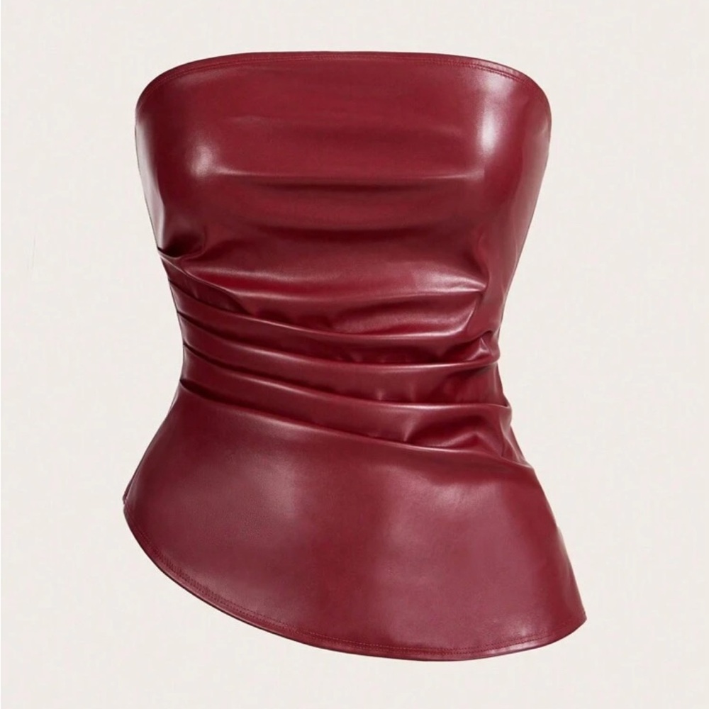Burgundy Strapless Faux Leather Top